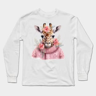 Pink Christmas Giraffe Long Sleeve T-Shirt